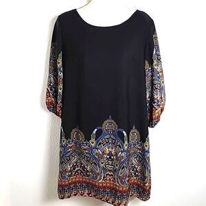 Gibiu Black Bohemian Shift Dress with Colorful Print, Size Medium